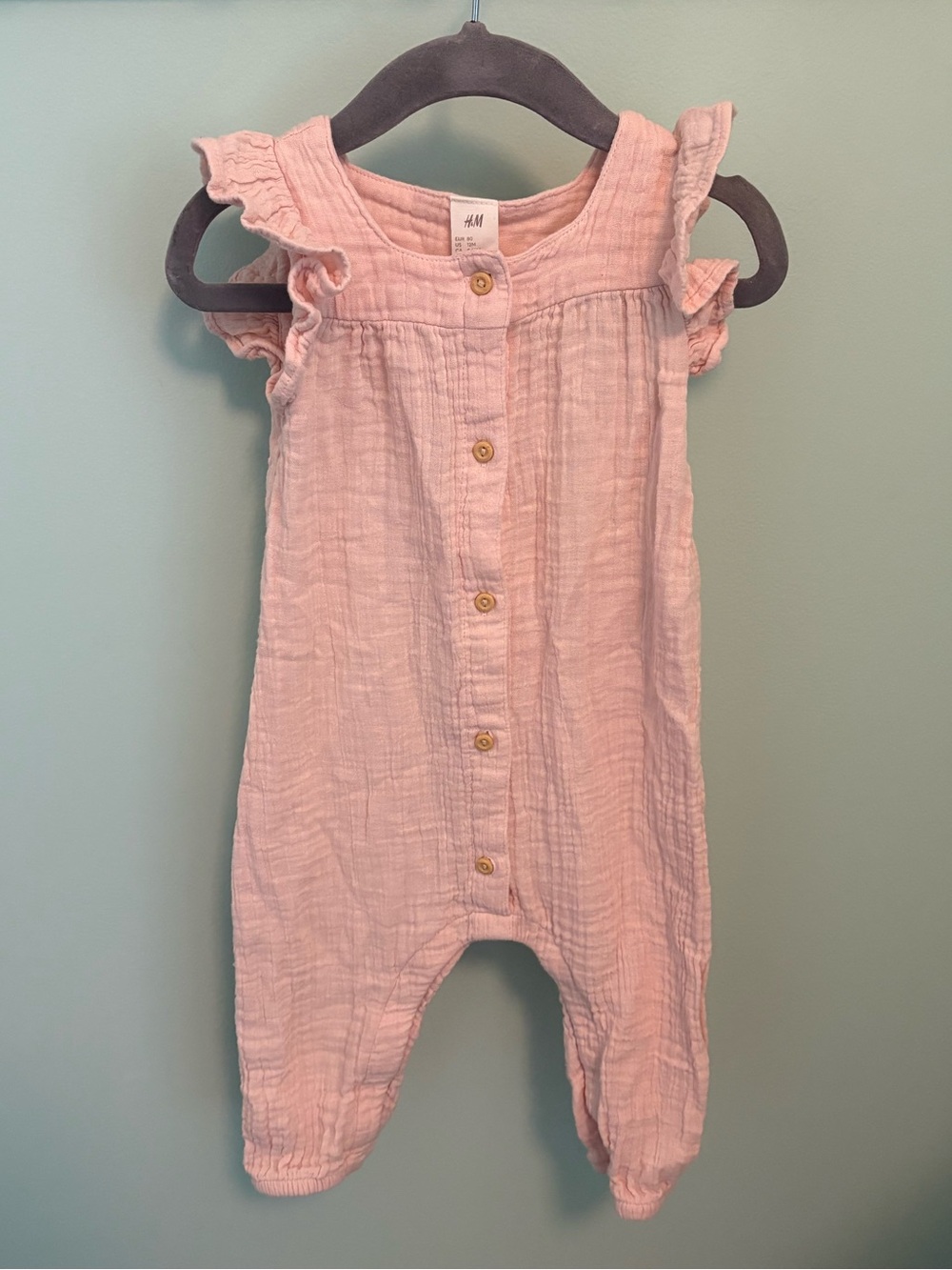 H&M Dusty Pink Gauze Baby Romper with Ruffle Sleeves